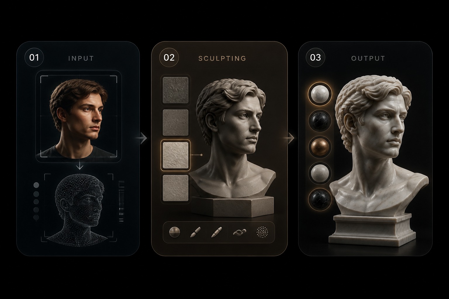 Esempio di esplorazione di idee per sculture fantasy per il generatore di statue AI